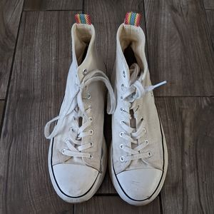 Madden Girl Cream High-Top Canvas Sneakers with Rainbow Heel Tabs